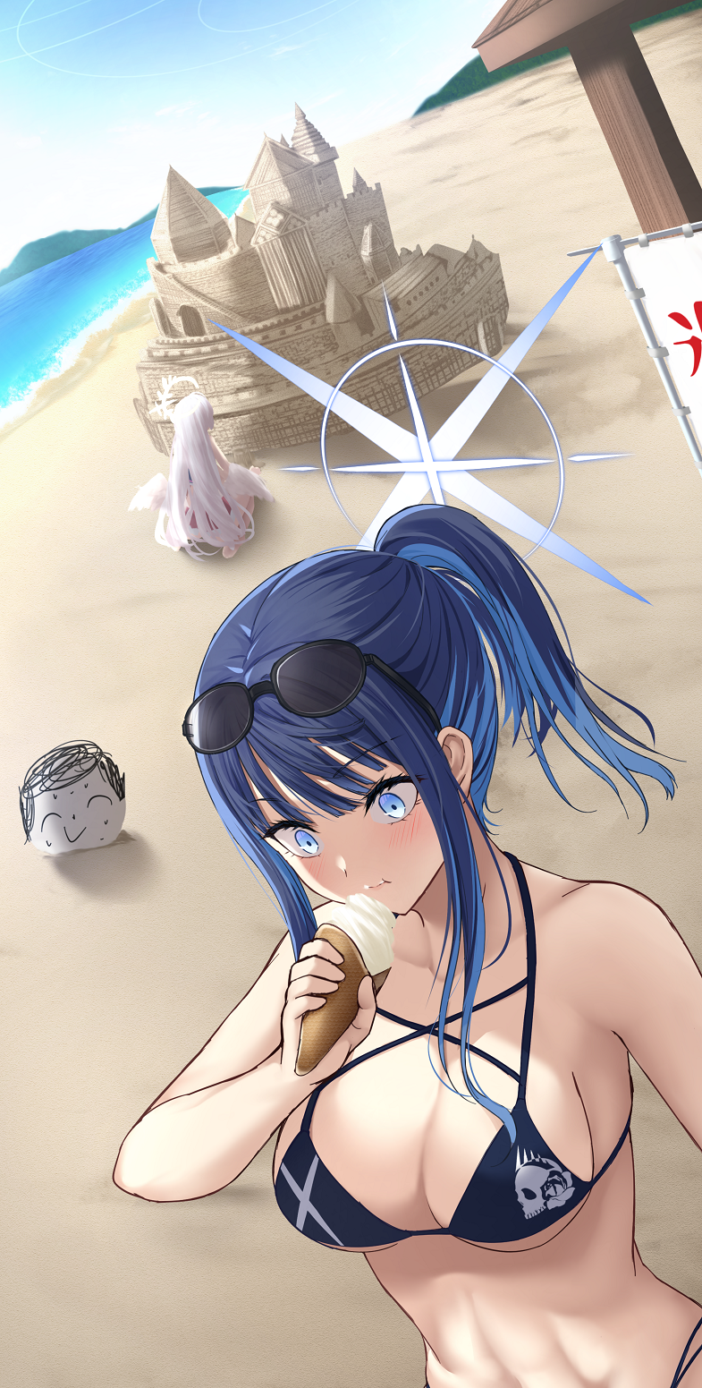 1boy, 2girls, angel_wings, beach, bikini, black_bikini, blue_archive, blue_eyes