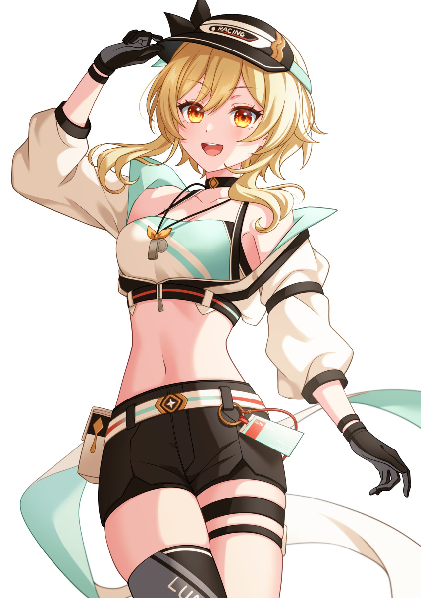 1girl, absurdres, alternate_costume, black_gloves, black_shorts, blonde_hair, breasts, crop_top