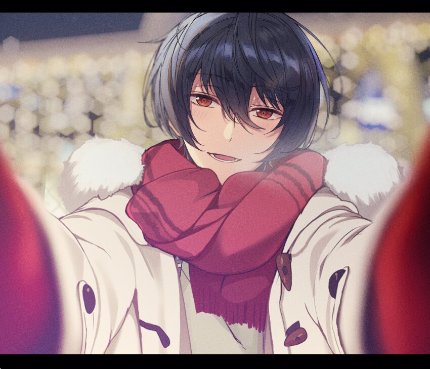 1boy, absurdres, black_hair, blush, coat, ensemble_stars!, fur-trimmed_coat, fur-trimmed_hood