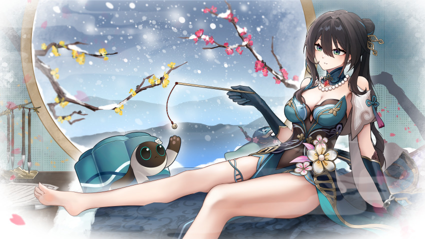 1girl, absurdres, aka_(hwdllht), animalization, aqua_dress, aqua_eyes, aqua_gloves, bare_legs