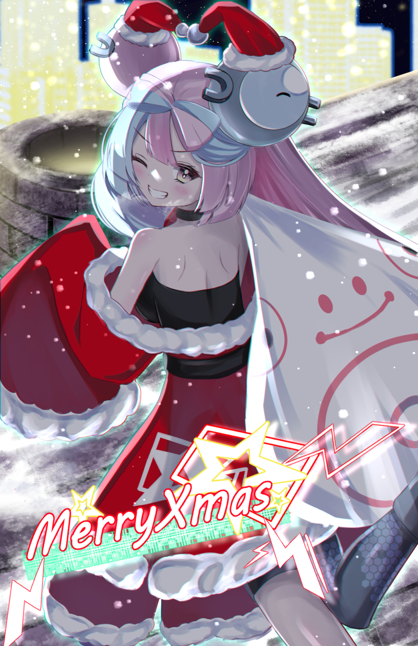 1girl, bellibolt, breasts, dress, highres, iono_(pokemon), large_breasts, long_hair, nintendo, pokemon, pokemon_scarlet_and_violet, santa_costume, santa_dress, shiitake_kaden, solo, very_long_hair