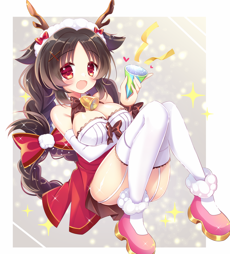1girl, antlers, arm_under_breasts, azur_lane, bare_shoulders, bell, black_hair, border