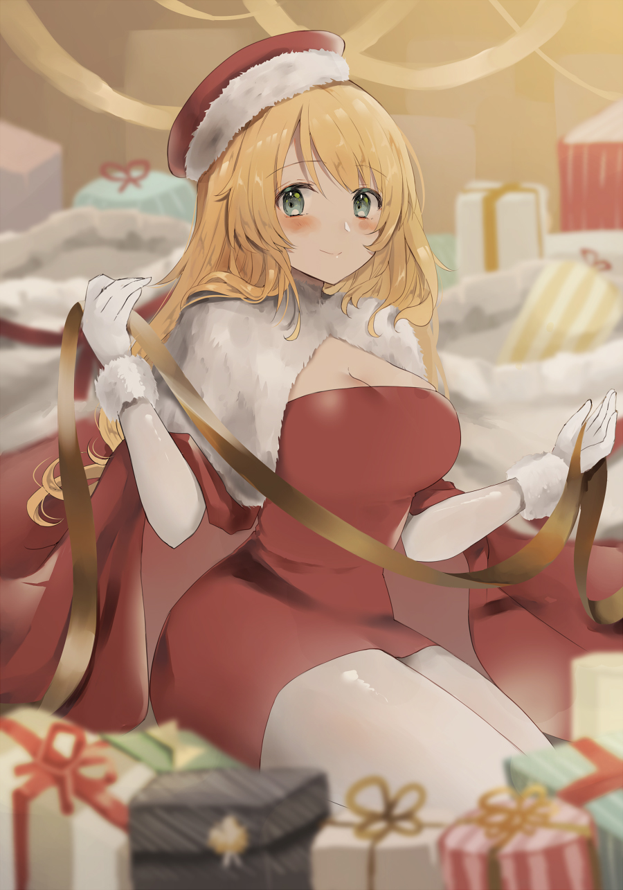 1girl, atago_(kancolle), blonde_hair, blush, box, breasts, christmas, coat