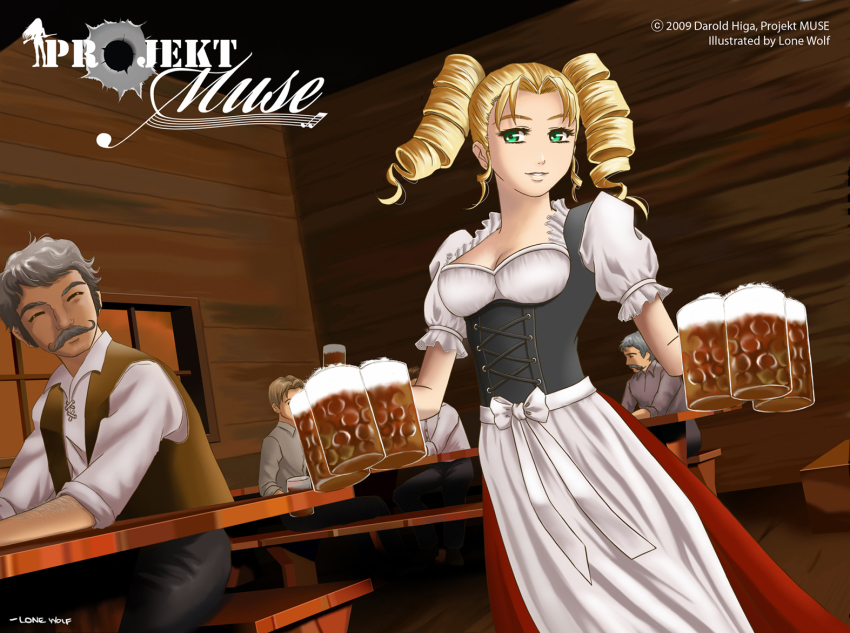 1boy, 1girl, alcohol, bar_(place), bavarian, beer, blonde_hair, breasts, brunhilde_rauschenberg, chair, cleavage, dirndl, drill_hair, german_clothes, german_text, glass, green_eyes, happy, indoors, lone_wolf, long_hair, projekt_muse, smile, table, text_focus, traditional_clothes, translated, window