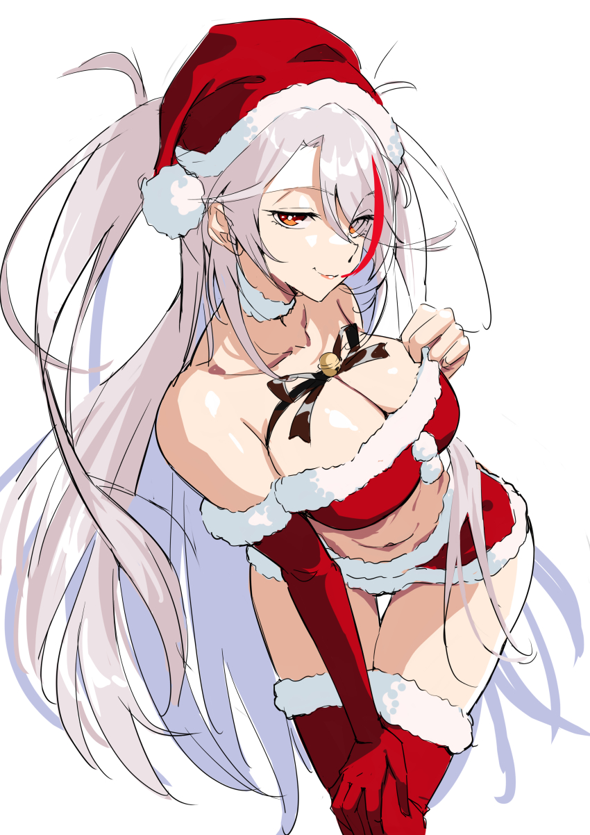 1girl, absurdres, azur_lane, bare_shoulders, bent_over, breasts, christmas, cleavage