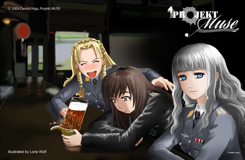 3girls, adalwolfa_schulman, alcohol, arm_support, badge, bar_(place), beer, black_hair