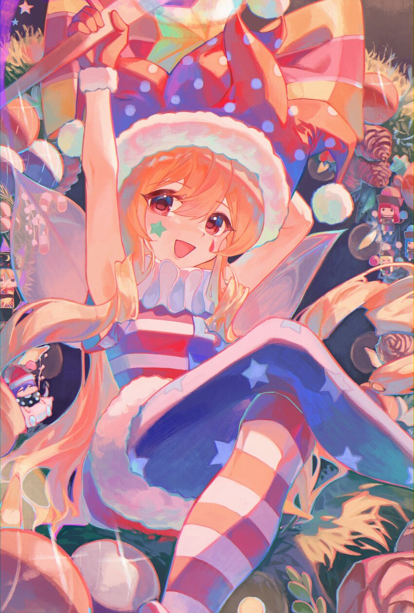 1girl, absurdres, american_flag_dress, american_flag_legwear, armpits, arms_up, blonde_hair, character_doll, christmas, christmas_ornaments, cindy717, clownpiece, doll, doremy_sweet, dress, fairy, fairy_wings, gloves, hair_between_eyes, hat, hecatia_lapislazuli, hecatia_lapislazuli_(earth), hecatia_lapislazuli_(moon), highres, holding, holding_torch, jester_cap, junko_(touhou), long_hair, looking_at_viewer, open_mouth, pantyhose, polka_dot, polka_dot_headwear, red_eyes, red_gloves, red_hat, smile, solo, striped_clothes, striped_dress, striped_pantyhose, torch, touhou, wings