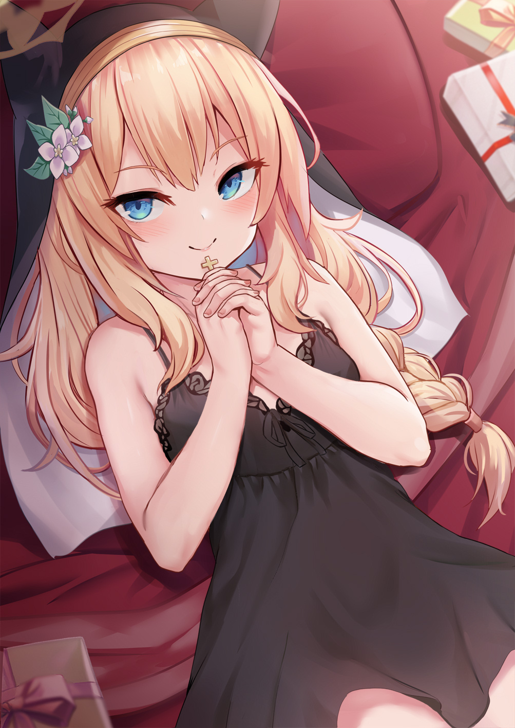 1girl, alternate_costume, bare_arms, bare_shoulders, bed_sheet, black_camisole, black_headwear, blue_archive