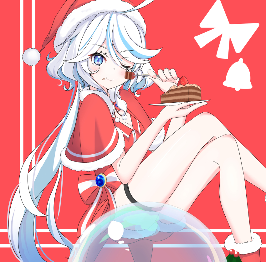 1girl, blue_eyes, blue_hair, christmas, furina_(genshin_impact), genshin_impact, hat, highres