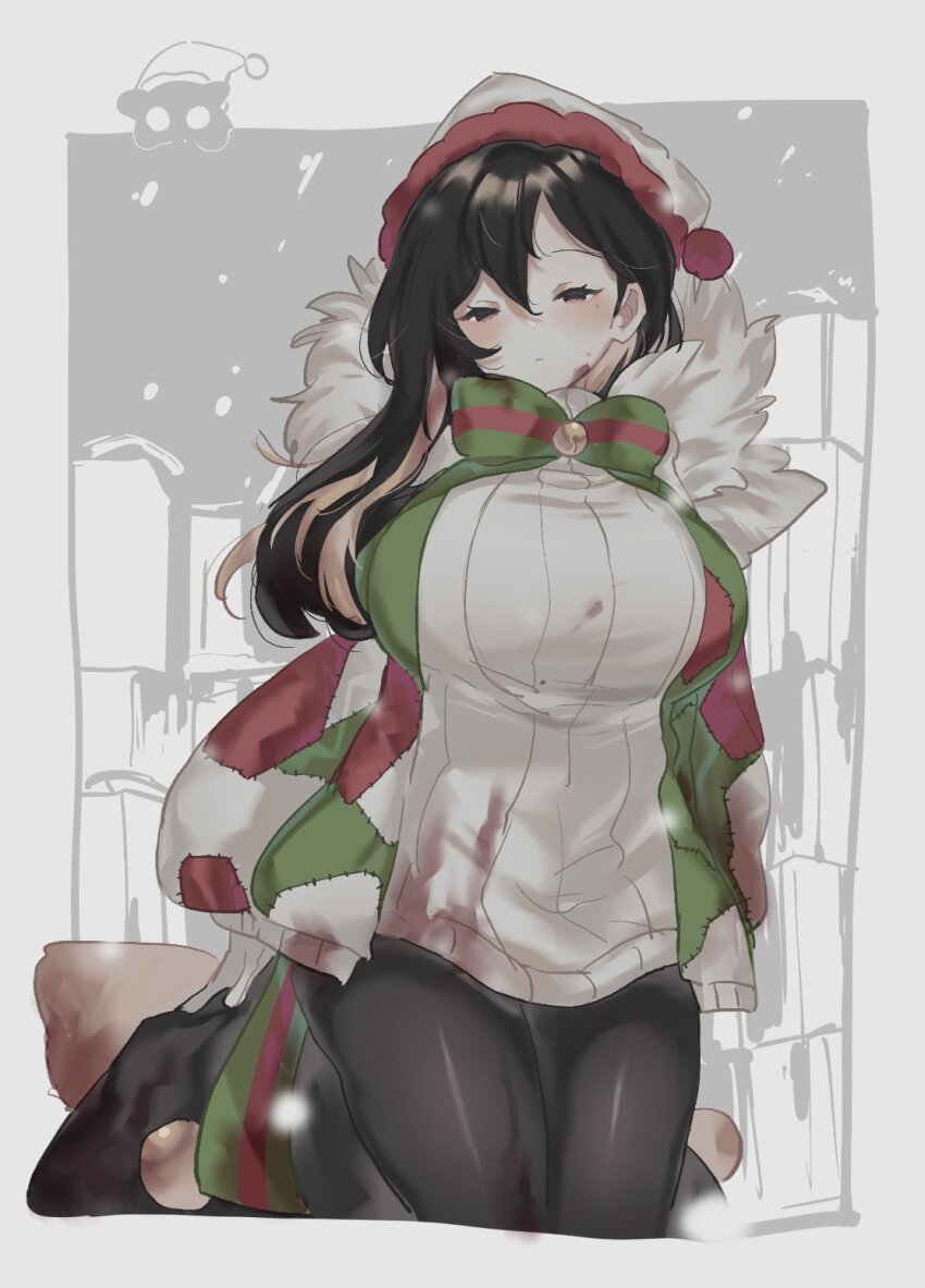 1girl, bell, binah_(project_moon), black_eyes, black_hair, black_pants, blonde_hair, blood, blood_on_clothes, blood_on_face, bow, commentary, e.g.o_(project_moon), ee_extension_02, fur_collar, hat, highres, holding, holding_sack, holiday_(e.g.o), jacket, jingle_bell, limbus_company, mole, mole_under_eye, multicolored_hair, open_clothes, open_jacket, pants, patchwork_clothes, project_moon, sack, santa_hat, snow, solo, streaked_hair, sweater, untranslatable_commentary, white_sweater