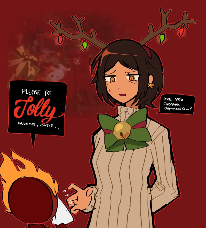 1girl, 1other, absurdres, antlers, bell, bow, brown_eyes, brown_hair, christmas, christmas_lights, clock, dante_(limbus_company), dark-skinned_female, dark_skin, e.g.o_(project_moon), earrings, english_text, fire, highres, holiday_(e.g.o), horns, jewelry, jingle_bell, limbus_company, object_head, outis_(project_moon), project_moon, short_hair, single_earring, speech_bubble, sweat, sweatdrop, sweater, tears, tissue, turtleneck, turtleneck_sweater, white_sweater, wiping_tears, yumeyuk0