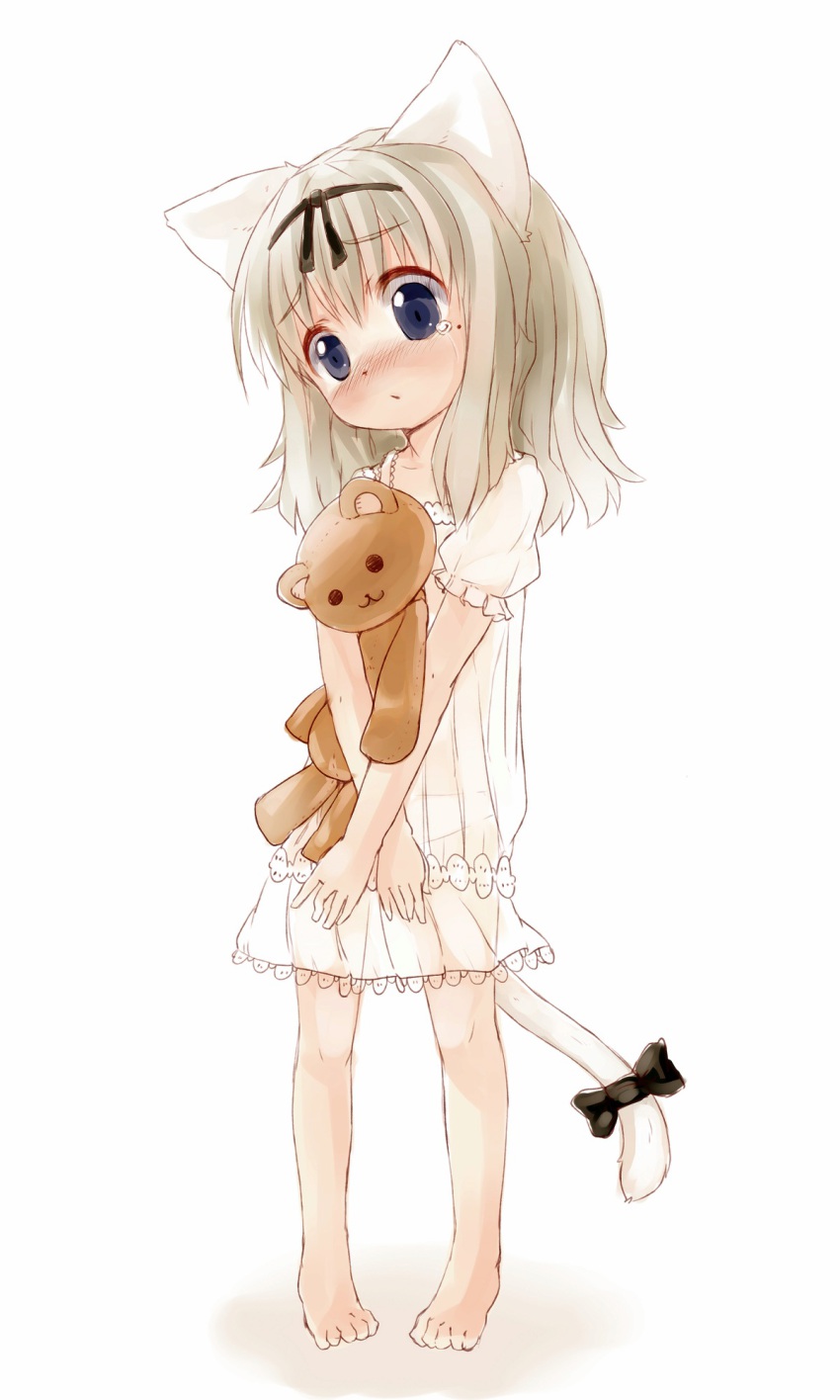 1girl, animal_ears, barefoot, blue_eyes, blush, brown_hair, cat_ears, cat_tail, feet, female_focus, full_body, highres, lingerie, loli, long_hair, mole, mole_under_eye, negligee, original, panties, pigeon-toed, ribbon, see-through_clothes, solo, stuffed_animal, stuffed_toy, tail, tears, teddy_bear, ueno_musashi, underwear