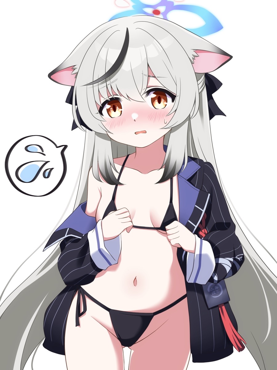 1girl, animal_ears, bikini, black_bikini, black_dress, black_hair, black_jacket, blue_archive