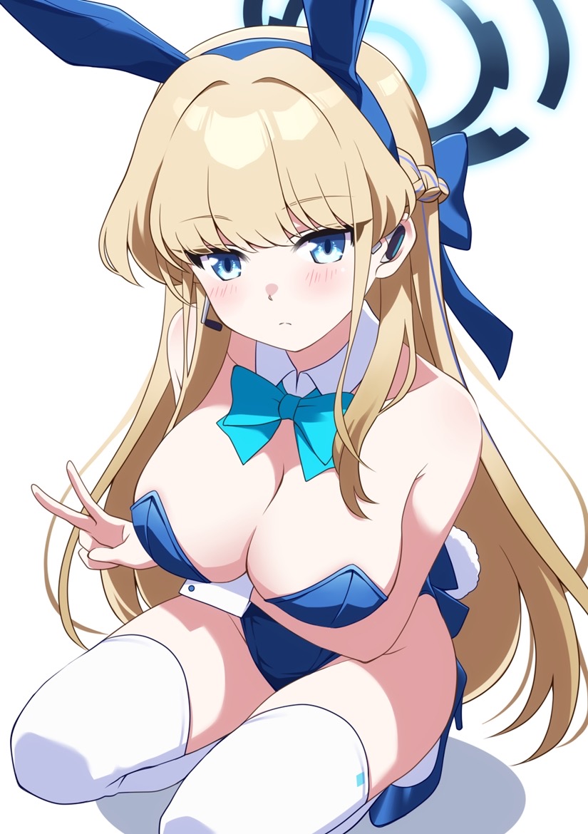 1girl, animal_ears, aqua_bow, aqua_bowtie, blonde_hair, blue_archive, blue_eyes, blue_hairband