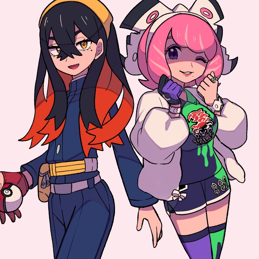 2girls, belt, belt_buckle, black_hair, bracelet, buckle, buttons, carmine_(pokemon)