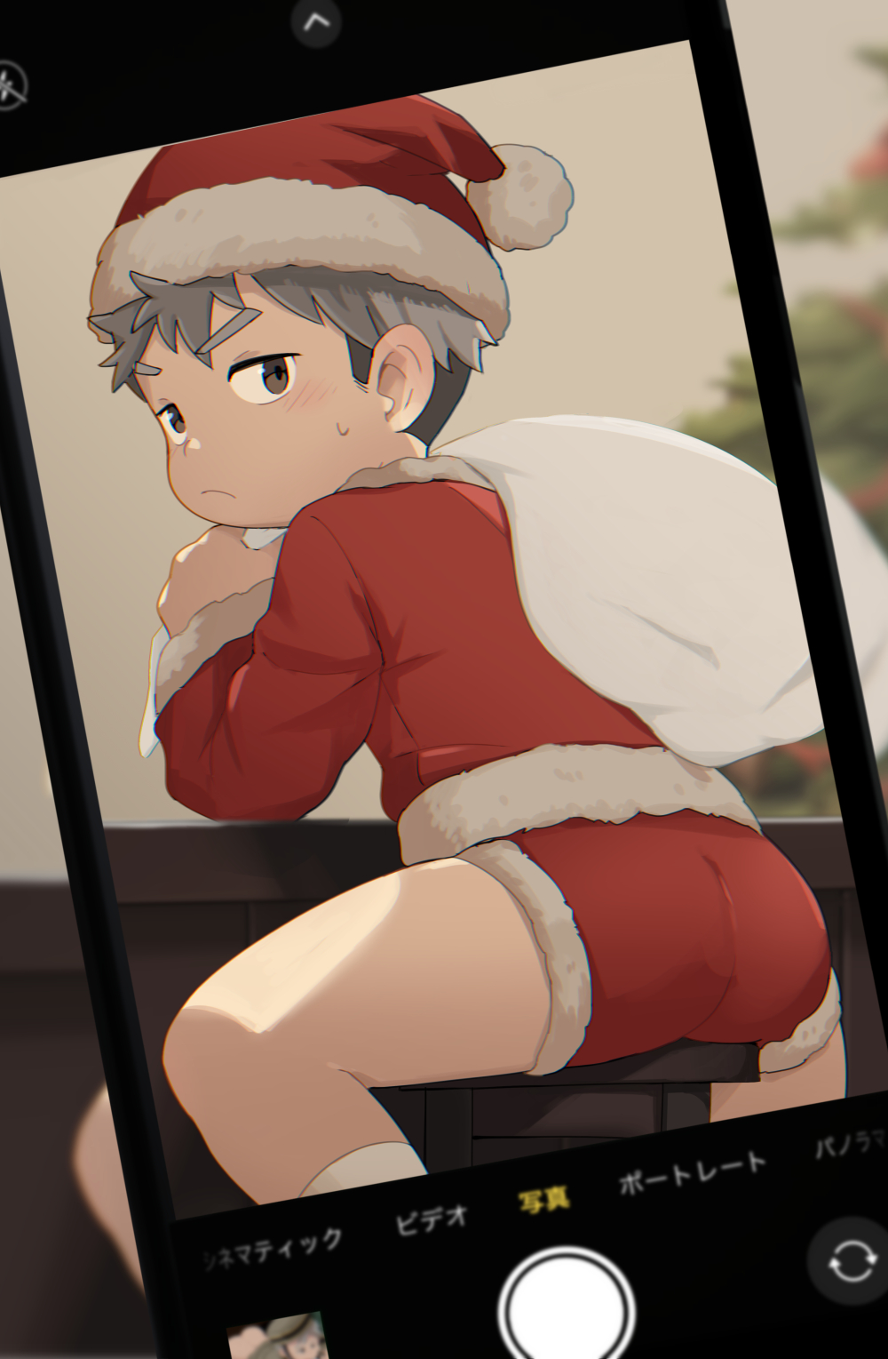 1boy, acnhiti, ass, ass_focus, bar_stool, christmas_tree, grey_hair, hat, highres, looking_back, male_focus, original, red_shorts, sack, santa_hat, shorts, shota, simple_background, sitting, solo, stool, taking_picture, translation_request, viewfinder