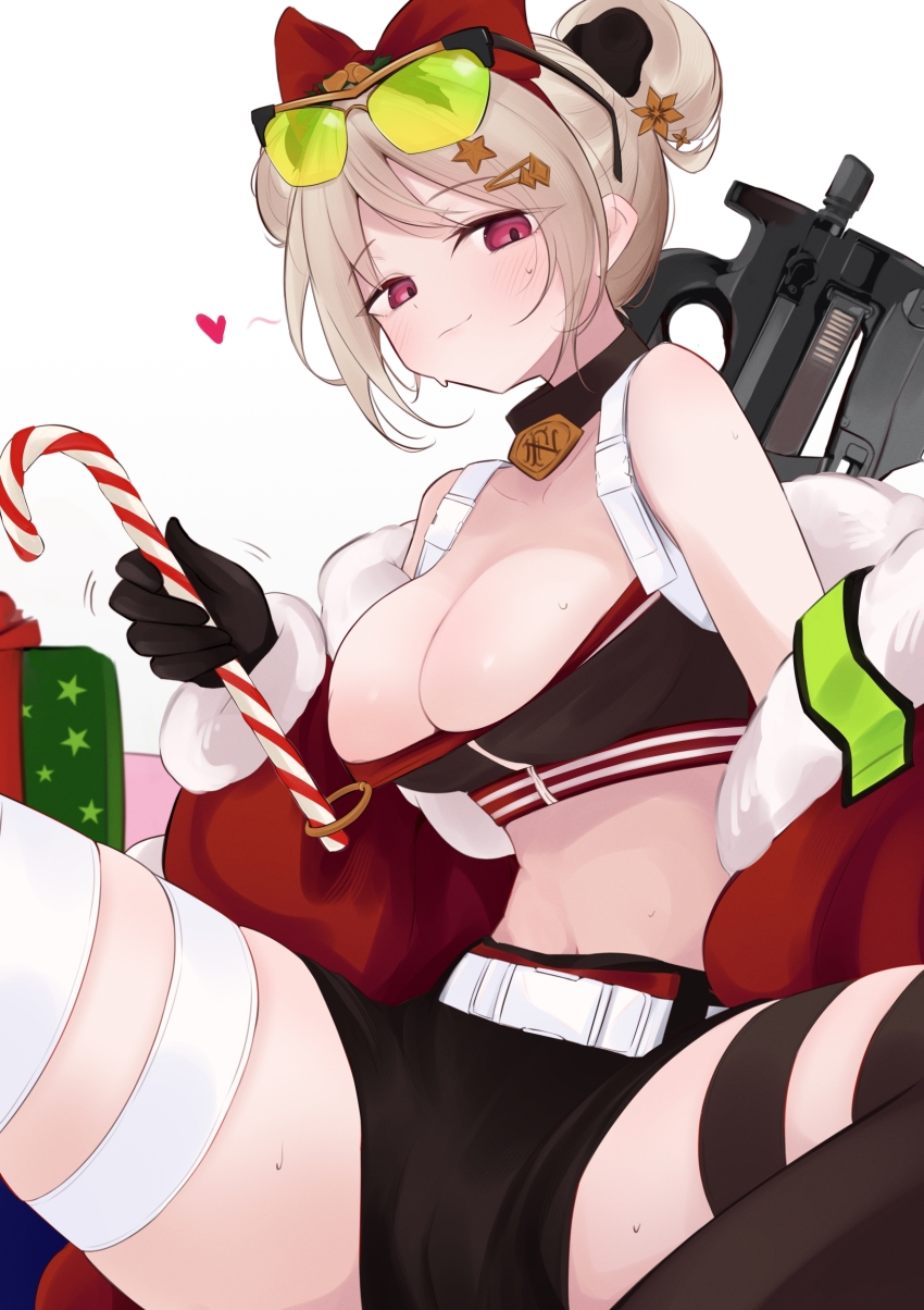 1girl, absurdres, blush, bow, box, breasts, brown_hair, bullpup, candy, candy_cane, choker, cleavage, commission, eyewear_on_head, food, gift, gift_box, girls'_frontline, gun, hair_bow, highres, holding, holding_candy, holding_candy_cane, holding_food, ohichi16, p90, p90_(girls'_frontline), p90_(scarlet_turbo)_(girls'_frontline), personal_defense_weapon, red_eyes, skeb_commission, solo, spread_legs, submachine_gun, sweatdrop, weapon