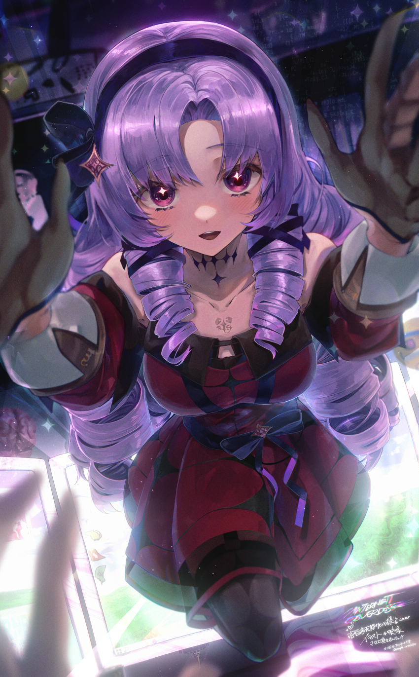 1girl, absurdres, bare_shoulders, black_hairband, black_pantyhose, blush, chest_tattoo, commentary_request, dress, drill_hair, drill_sidelocks, gloves, hairband, half_gloves, highres, hyakumantenbara_salome, hyakumantenbara_salome_(1st_costume), internet_overdose, long_hair, looking_at_viewer, monitor, needy_girl_overdose, nijisanji, off-shoulder_dress, off_shoulder, open_mouth, pantyhose, people_hitobito, purple_eyes, purple_hair, reaching, reaching_towards_viewer, red_dress, scorpion_tattoo, sidelocks, smile, solo, sparkling_eyes, tattoo, virtual_youtuber