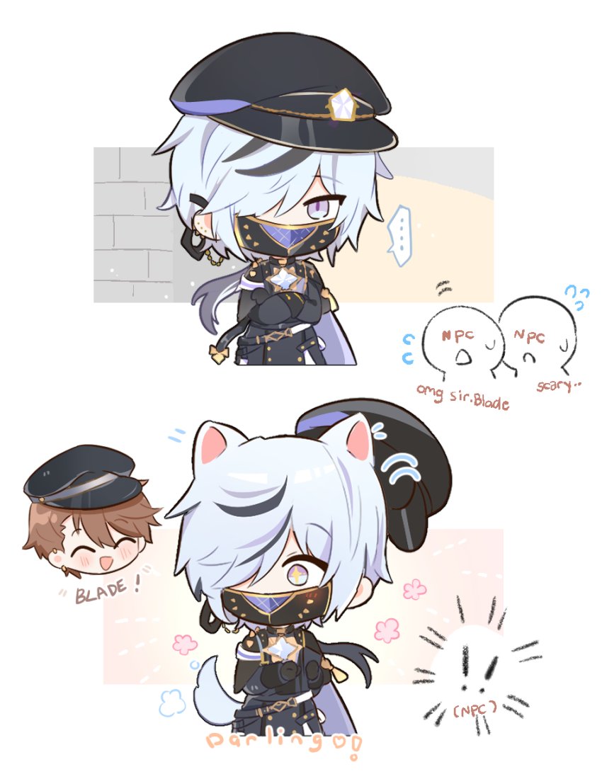 2boys, animal_ears, black_hair, black_headwear, blade_(crystal_awakening)_(nu_carnival), blade_(nu_carnival), blush, brown_hair