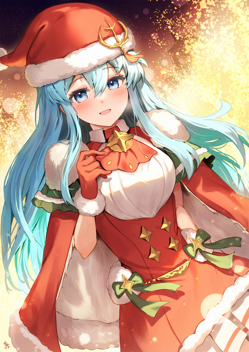 1girl, :d, aqua_eyes, aqua_hair, capelet, christmas, dress, eirika_(fire_emblem)