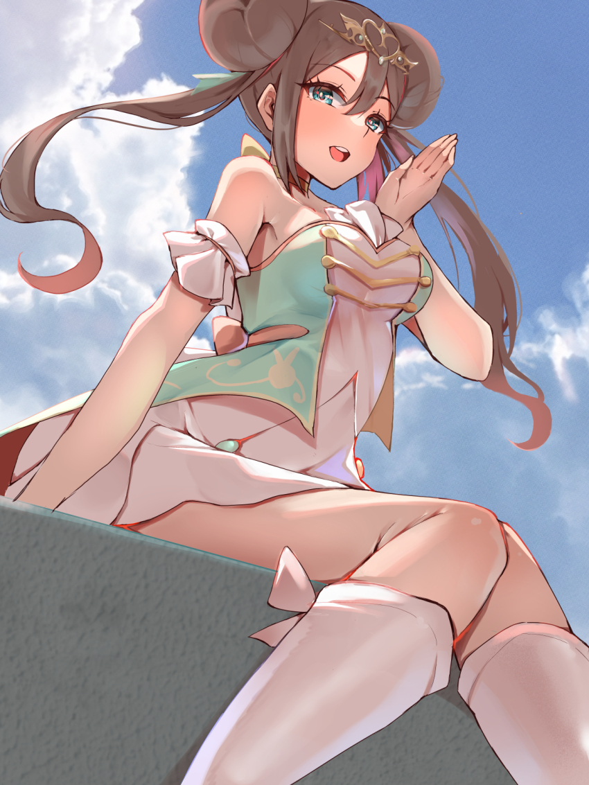 1girl, bare_shoulders, blue_eyes, blue_sky, brown_hair, cloud, double_bun, dress, hair_between_eyes, hair_bun, highres, long_hair, looking_at_viewer, momdy_(talesshinja), nintendo, official_alternate_costume, open_mouth, pokemon, pokemon_masters_ex, rosa_(champion)_(pokemon), rosa_(pokemon), sitting, sky, solo, teeth, twintails, upper_teeth_only