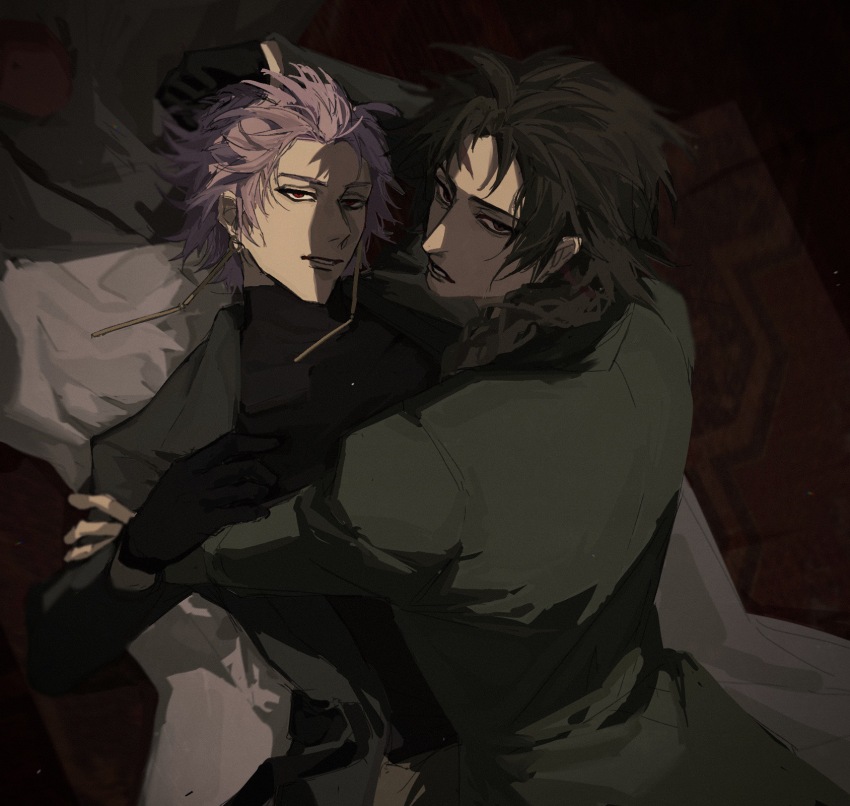 2boys, black_gloves, braid, brown_eyes, brown_hair, coat, earrings, film_grain