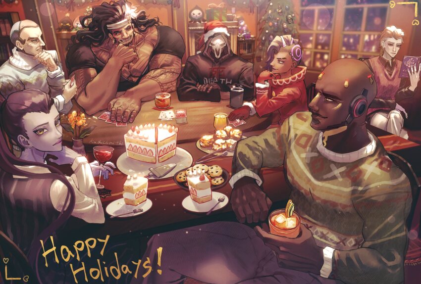 3girls, 4boys, alcohol, alternate_costume, arm_tattoo, bald, bara, black_hair, black_shirt, black_sleeves, book, cake, card, christmas, christmas_tree, closed_mouth, colored_skin, commentary, dark-skinned_female, dark-skinned_male, dark_skin, doomfist_(overwatch), earrings, english_commentary, english_text, food, gloves, green_sleeves, green_sweater, hat, highres, holding, holding_book, indoors, jewelry, long_sleeves, looking_at_another, mask, mauga_(overwatch), moira_(overwatch), multiple_boys, multiple_girls, overwatch, overwatch_1, overwatch_2, pectorals, purple_skin, reading, reaper_(overwatch), red_gloves, santa_hat, shirt, sigma_(overwatch), sitting, smile, sombra_(overwatch), strawberry_cake, sweater, syouyugoblin, tattoo, white_sleeves, widowmaker_(overwatch), window, wine