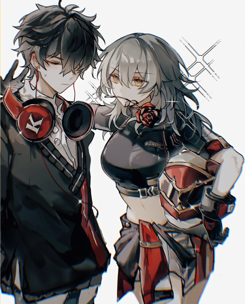 1boy, 1girl, breasts, closed_mouth, crop_top, dan_heng_(honkai:_star_rail), dan_heng_(kfc)_(honkai:_star_rail), expressionless, flower, flower_in_mouth, grey_hair, hair_between_eyes, headphones, helmet, highres, holding, holding_unworn_helmet, honkai:_star_rail, honkai_(series), long_sleeves, medium_breasts, medium_hair, mouth_hold, mulihaohao, official_alternate_costume, red_flower, red_rose, rose, shirt, simple_background, stelle_(galactic_grand_prix)_(honkai:_star_rail), stelle_(honkai:_star_rail), stomach, thighs, trailblazer_(honkai:_star_rail), unworn_headwear, unworn_helmet, white_shirt, yellow_eyes