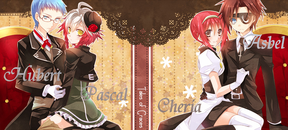 2boys, 2girls, alternate_costume, asbel_lhant, bad_id, bad_pixiv_id, blue_eyes, blue_hair