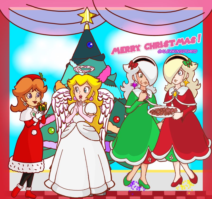 4girls, blonde_hair, blue_eyes, box, brown_hair, christmas_lights, christmas_ornaments, christmas_tree