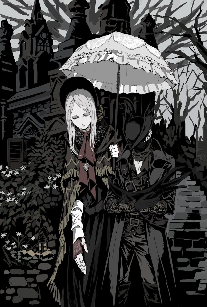 1boy, 1girl, ascot, belt, black_coat, black_headwear, bloodborne, bonnet