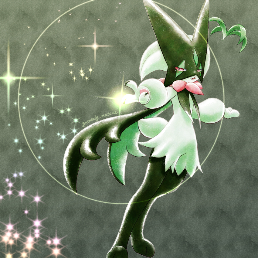 animal_focus, artist_name, commentary_request, glint, green_background, green_fur, highres, meowscarada, nintendo, no_humans, open_mouth, pokemon, pokemon_(creature), red_eyes, remedy_matome, solo, sparkle, standing, twitter_username