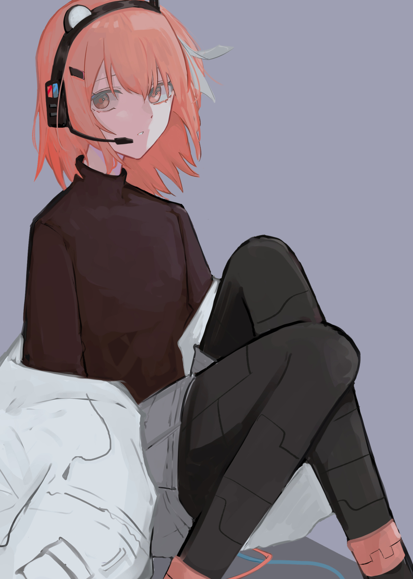 1girl, a.i._voice, absurdres, adachi_rei, black_pantyhose, black_shirt, cable, commentary_request, expressionless, feet_out_of_frame, floating_hair, grey_background, grey_skirt, hair_ornament, hair_ribbon, hairclip, headlamp, headset, highres, jacket, jacket_partially_removed, kurubushi_(ankle_ancle), long_hair, long_sleeves, looking_at_viewer, one_side_up, open_clothes, open_jacket, orange_hair, pantyhose, parted_lips, ribbon, shirt, simple_background, sitting, skirt, solo, turtleneck, utau, white_jacket, white_ribbon