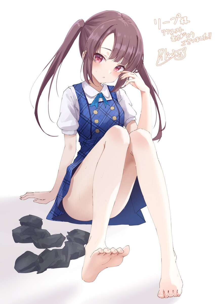 1girl, absurdres, arm_support, bare_legs, barefoot, black_socks, blue_dress, blue_ribbon