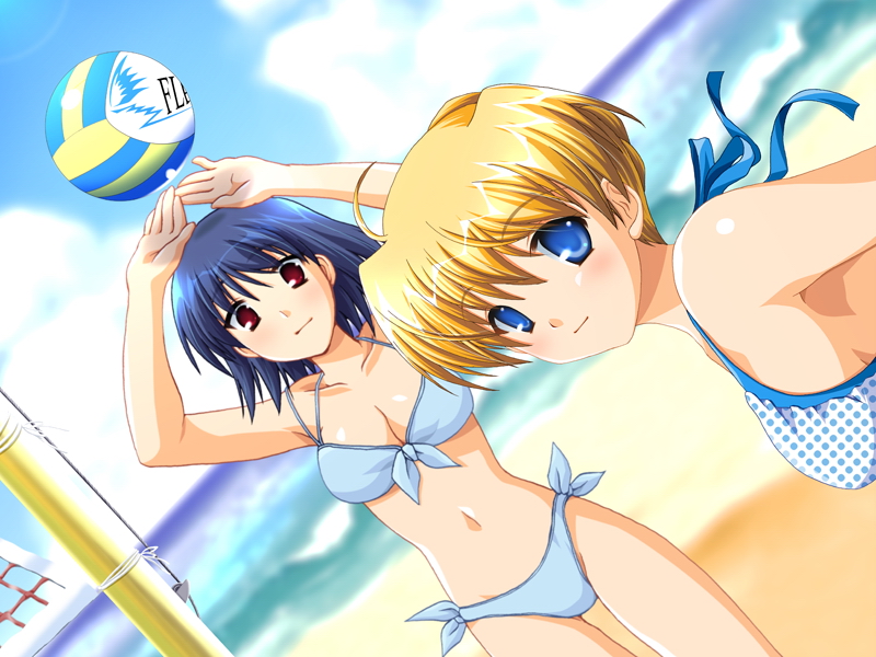 00s, 2girls, alpha_(yukai_na_nakamatachi), arms_up, ball, beach, beach_volleyball, bikini, blonde_hair, blue_eyes, blue_hair, braid, breasts, cleavage, cloud, dutch_angle, front-tie_top, game_cg, hair_ribbon, large_breasts, looking_at_viewer, looking_back, midriff, multiple_girls, ocean, outdoors, playing_sports, polka_dot, polka_dot_bikini, polka_dot_swimsuit, red_eyes, ribbon, sarah_adiemus, school_rumble, school_x_school, short_hair, side-tie_bikini_bottom, sky, swimsuit, tsukamoto_yakumo, volleyball, volleyball_(object), water