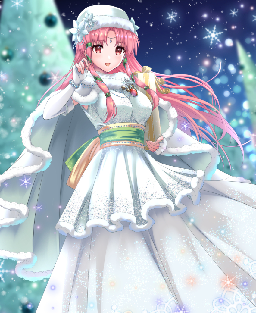 1girl, alternate_costume, breasts, cape, christmas, christmas_tree, circlet, commission