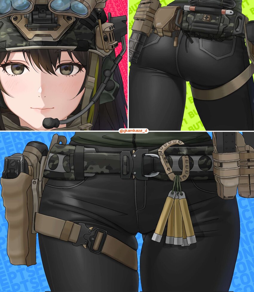1girl, ass, black_pants, blue_background, brown_eyes, brown_hair, cameltoe, camouflage