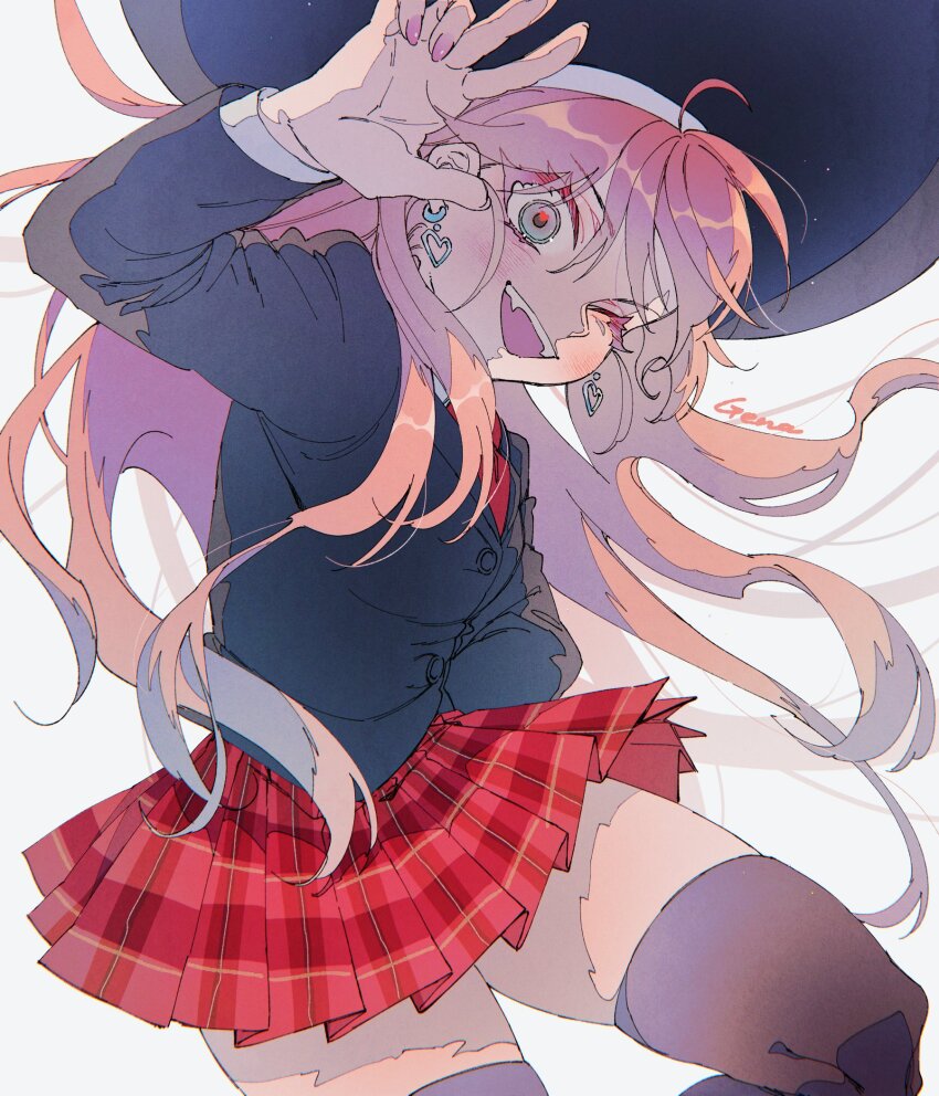 1girl, black_headwear, black_jacket, black_thighhighs, breasts, character_name, collared_shirt, earrings, fang, gina_(undead_unluck), heart, heart_earrings, heart_in_eye, highres, jacket, jewelry, large_hat, long_hair, mukai_nemui, necktie, one_eye_closed, pink_hair, pink_nails, pleated_skirt, red_necktie, shirt, skirt, small_breasts, smile, symbol_in_eye, thighhighs, thighs, undead_unluck, white_background, white_shirt