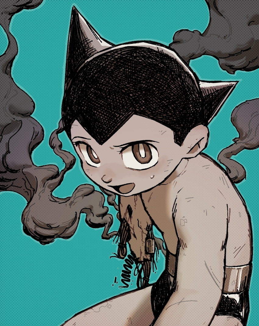 1boy, android, aqua_background, atom_(tetsuwan_atom), commentary_request, greyscale_with_colored_background, highres, male_focus