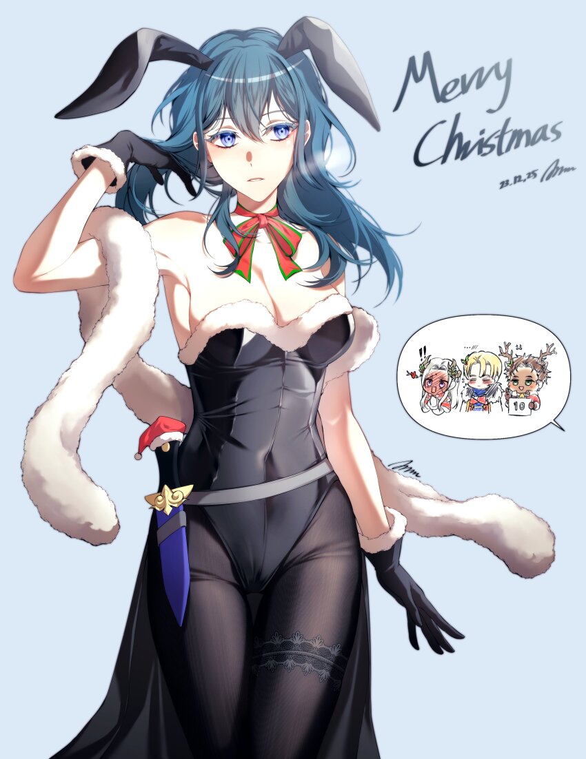 !, !!, 2boys, 2girls, a_(asan_a_aa), absurdres, alternate_costume, animal_ears, antlers, bare_shoulders, black_gloves, black_leotard, black_pantyhose, blonde_hair, blue_background, blue_eyes, blush, breasts, female_byleth_(fire_emblem), chibi, christmas, claude_von_riegan, claude_von_riegan_(yuletide_schemer), cleavage, commentary, covered_navel, dark-skinned_male, dark_skin, dated, deer_ears, dimitri_alexandre_blaiddyd, dimitri_alexandre_blaiddyd_(blessed_protector), edelgard_von_hresvelg, edelgard_von_hresvelg_(snowfall_future), english_commentary, fake_animal_ears, fake_antlers, fake_horns, fire_emblem, fire_emblem:_three_houses, fire_emblem_heroes, forehead, fur-trimmed_gloves, fur-trimmed_leotard, fur_trim, gloves, green_eyes, hair_between_eyes, hair_ornament, highres, horns, large_breasts, leotard, long_hair, merry_christmas, mistletoe_hair_ornament, multiple_boys, multiple_girls, nintendo, open_mouth, pantyhose, playboy_bunny, reindeer_antlers, short_hair, simple_background, smile, speech_bubble, strapless, strapless_leotard, thighs, white_hair