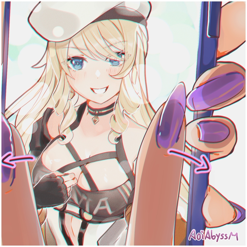 1girl, aoiabyss, blonde_hair, blue_eyes, breasts, cleavage, clothes_writing, commentary_request