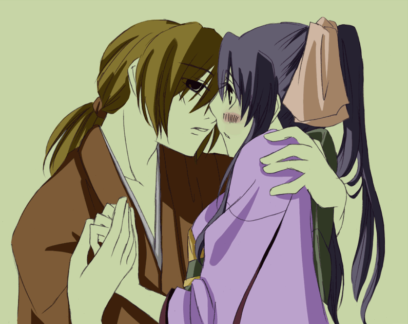 1boy, 1girl, blue_hair, blush, couple, holding_hands, hetero, himura_kenshin, japanese_clothes, kamiya_kaoru, kimono, koyane, long_hair, orange_hair, pink_ribbon, ponytail, ribbon, rurouni_kenshin