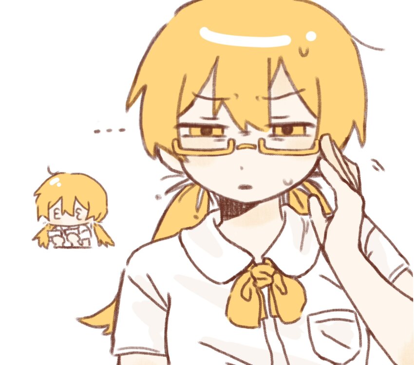 ..., 1girl, 3_3, adjusting_eyewear, bespectacled, blonde_hair, breast_pocket, cai_(cabbage_0j0)