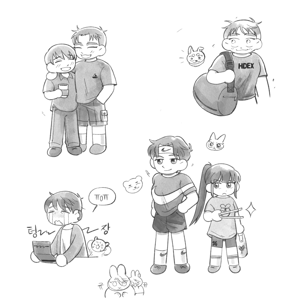 1girl, 3boys, baek_ae-young, bag, blush, cat, closed_eyes, closed_mouth