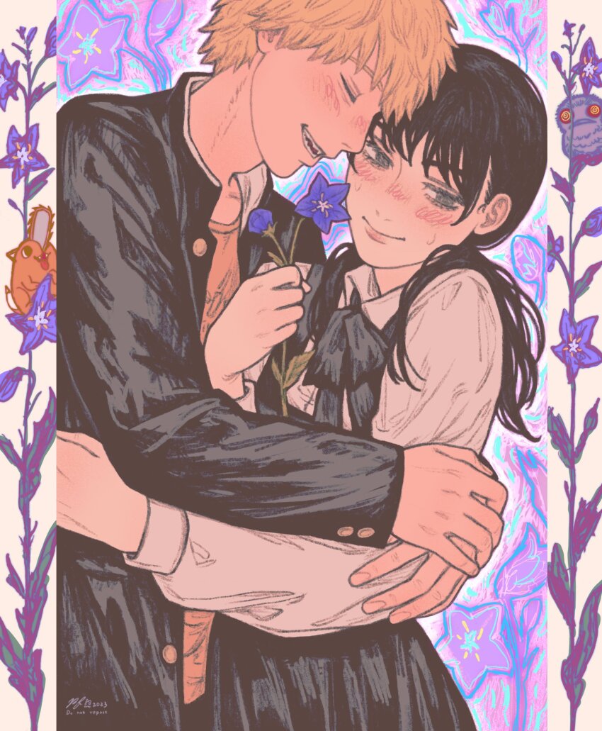 1boy, 1girl, black_hair, black_jacket, black_ribbon, blonde_hair, blush, bow