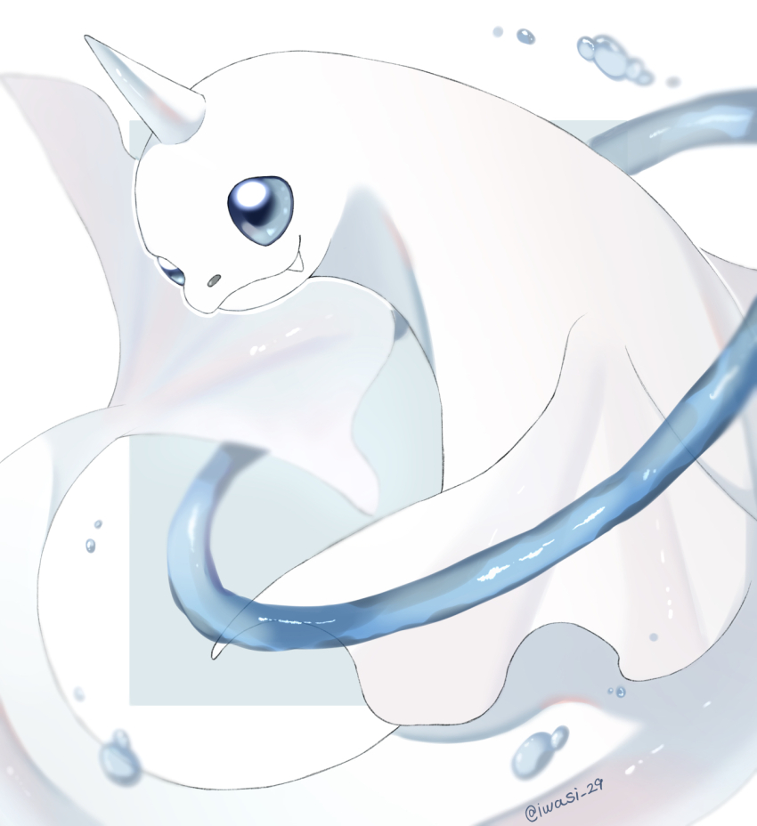 animal_focus, artist_name, blue_eyes, closed_mouth, colored_skin, commentary_request, dewgong, fangs, gen_1_pokemon, highres, horns, iwasi_29, nintendo, no_humans, pokemon, pokemon_(creature), pokemon_move, ring_of_water, seal_(animal), simple_background, single_horn, twitter_username, water, white_background, white_skin