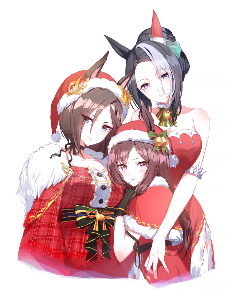 3girls, air_groove_(are_you_merry?)_(umamusume), air_groove_(umamusume), animal_ears, bare_shoulders, bell, black_gloves, black_hair, blue_eyes, bow, bowtie, breasts, brown_hair, capelet, choker, cleavage, closed_mouth, dress, ears_through_headwear, eyes_visible_through_hair, gloves, hair_bun, hat, head_tilt, horse_ears, long_hair, looking_at_viewer, medium_breasts, mejiro_dober_(holy_night_to_change)_(umamusume), mejiro_dober_(umamusume), mejiro_ramonu_(umamusume), mejiro_ramonu_(winter_melting_fire)_(umamusume), mole, mole_under_eye, multicolored_hair, multiple_girls, neck_bell, purple_eyes, red_dress, romi_(346_ura), santa_costume, santa_hat, short_hair, side_slit, simple_background, small_breasts, smile, strapless, strapless_dress, streaked_hair, umamusume, white_background