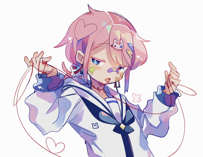 1boy, animal_print, bandaid, bandaid_on_cheek, bandaid_on_face, bandaid_on_nose, blue_eyes, blush