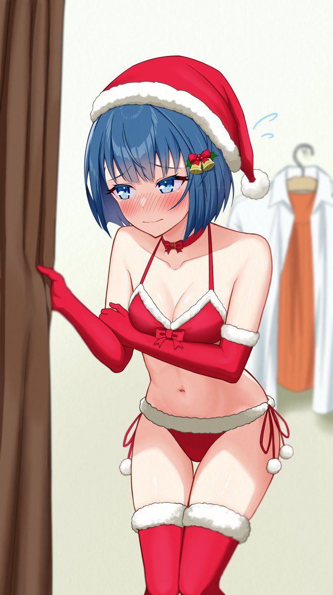 1girl, bell, bikini, blue_eyes, blue_hair, blush, bow, bra