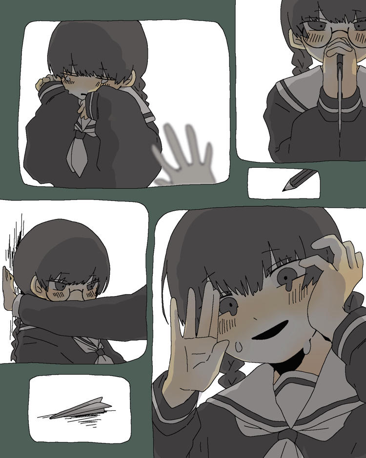 1girl, 1other, black_eyes, black_hair, black_shirt, blush, border, braid, clover_knight_(vocaloid), collage, commentary_request, crying, crying_with_eyes_open, glasses, gokkun_(3tq0x), green_border, half-closed_eyes, hand_on_own_head, holding, holding_knife, kabedon, knife, long_hair, long_sleeves, looking_down, low_twin_braids, multiple_views, neckerchief, open_mouth, out_of_frame, own_hands_clasped, own_hands_together, paper_airplane, pencil, round_eyewear, sailor_collar, school_uniform, serafuku, shirt, smile, tears, twin_braids, two-handed, vocaloid, white_neckerchief, white_sailor_collar, wiping_tears